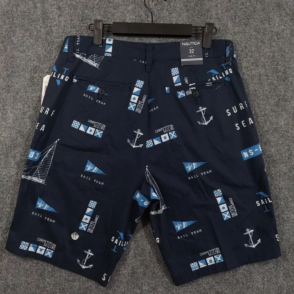 Nautica Shorts Mens 32 Navy Cotton Chino Slim Fit Nautical Print 9 Inseam Summer